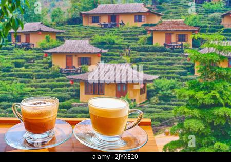 Profitez du cappuccino chaud avec vue sur les maisons chinoises, entouré d'arbustes de thé vert de plantation, Ban Rak Thai Yunnan village de thé, Thaïlande Banque D'Images