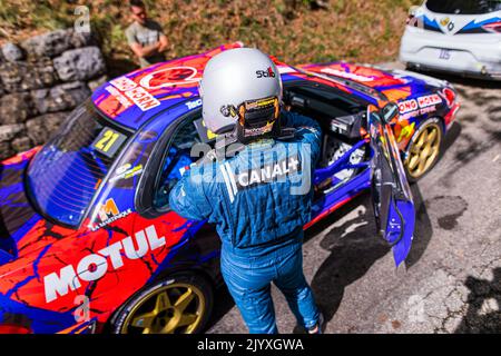 JEAN-JOSEPH Simon, FLACON Julien, Subaru Impreza 555, portrait pendant le Rallye du Mont-blanc Morzine 2022, 6th tour du Championnat de France des Rallyes 2022, de 8 septembre à 10 à Morzine, France - photo Bastien Roux / DPPI Banque D'Images