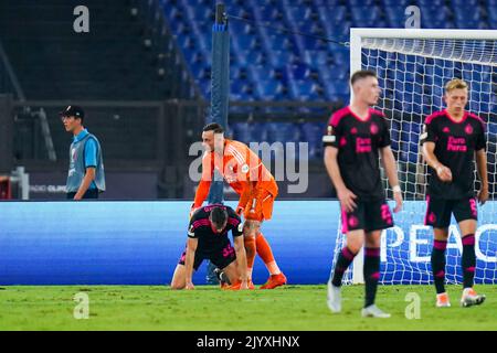 ROME, ITALIE - SEPTEMBRE 8 : Justin Bijlow de Feyenoord, David Hancko de Feyenoord pendant le match F de l'UEFA Europa League entre le Latium Roma et le Feyenoord au Stadio Olimpico sur 8 septembre 2022 à Rome, Italie (photo de René Nijhuis/Orange Pictures) Banque D'Images