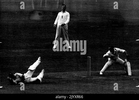 Premier match de test -- Evans (Angleterre), fait une capture spectaculaire pour rejeter Barnes de l'Australie, dans le match de test de jour. Le deuxième jour du premier match test entre l'Angleterre et l'Australie, a commencé à Trent Bridge, Nottingham, jusqu'à aujourd'hui (vendredi). L'Angleterre est entrée à la chauve-souris hier, et ont été tous pour un désolé 165 courses, Laker, faisant le meilleur score de son côté avec 63 courses à son crédit. 11 juin 1948. (Photo de Reuterphoto). Banque D'Images