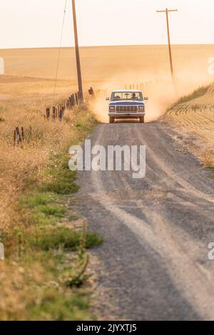 États-Unis, État de Washington, comté de Whitman. 8 septembre 2021. Vieux pick-up sur route poussiéreuse. Banque D'Images