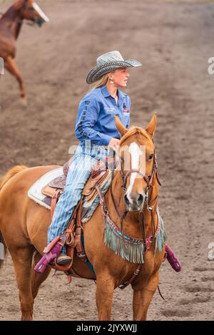 États-Unis, État de Washington, comté de Whitman. Palouse. Palouse Empire State Fair. Colfax. 9 septembre 2021. Femme sur un cheval à un rodéo. Banque D'Images