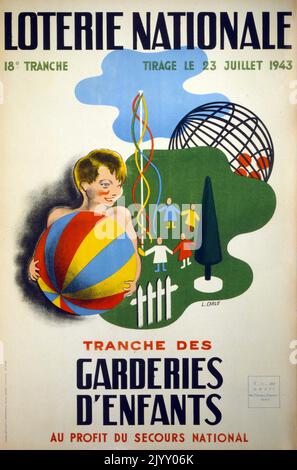 Affiche de la « Loterie nationale » française 1945. Mettant en lumière une campagne de financement des parcs publics pour les enfants, après la dévastation de la Seconde Guerre mondiale et l'occupation de la France. Banque D'Images