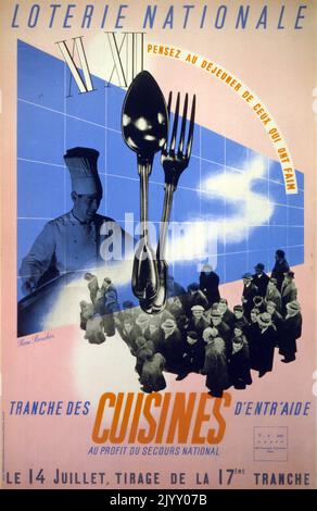 Affiche de la « Loterie nationale » française 1945. Mettant en lumière une campagne de financement des cuisines alimentaires publiques, après la dévastation de la Seconde Guerre mondiale et l'occupation de la France. Banque D'Images