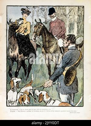 Caricature Illustration représentant un homme et une femme à la chasse à cheval avec des hudeuses. Magazine « le Rire » 1902. Banque D'Images