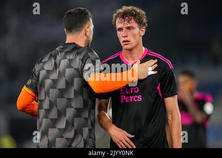 Rome, Italie. 8 septembre 2022, Rome - gardien de Feyenoord Ofir Marciano, Mats Wieffer de Feyenoord pendant le match entre Lazio Roma et Feyenoord au Stadio Olimpico le 8 septembre 2022 à Rome, Italie. (Box to Box Pictures/Tom Bode) Banque D'Images
