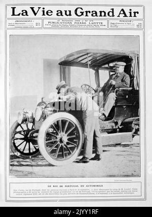 Le roi Alphonso XIII s'occupe du moteur d'une voiture comme le regarde Dom Carlos I du Portugal. Don Carlos (connu sous le nom de Diplomat ou le Martyr); 1863 - 1908, était le roi du Portugal et celui de l'Algarve. 1905 Banque D'Images