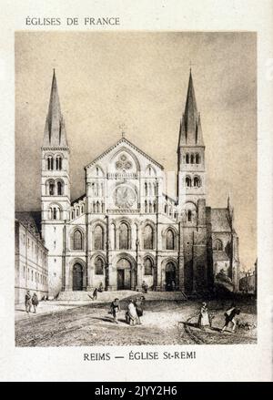 Dessin de l'abbaye de Saint-Remi, à Reims, France, fondée au sixième siècle. Depuis 1099, il a conservé les reliques de Saint Remi (mort en 553), l'évêque de Reims qui a converti Clovis, roi des Francs, au christianisme à Noël en 496 après avoir vaincu l'Alamanni dans la bataille de Tolbiac. La basilique actuelle était l'église abbatiale; elle fut consacrée par le Pape Léon IX en 1049. La nef et les transepts du XIe siècle, de style roman, sont les plus anciens; la façade du transept sud est la plus récente. Banque D'Images