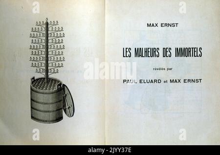 Page de titre et illustration de 'les maleurs des immortels' par Max Ernst et Paul Eluard. 1922; les malheurs des immortels révélés par Max Ernst et Paul Eluard Banque D'Images