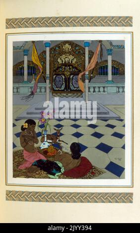 Illustration de Leon Carre pour 'le Chariot de terre cuite' (le char en terre cuite), par Victor Barrucand, (1864 - 1934); journaliste et écrivain français. 1921. Leon Carre (1878 - 1942), est un peintre et illustrateur orientaliste français. Banque D'Images