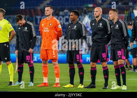 ROME, ITALIE - SEPTEMBRE 8 : Orkun Kokcu (c) de Feyenoord, Justin Bijlow de Feyenoord, Bois de quinten de Feyenoord, Gernot Trauner de Feyenoord, Quilindschy Hartman de Feyenoord lors du match de l'UEFA Europa League Group F entre Roma et Feyenoord Stadio Olimpico, 8 septembre 2022/Nijin (Italie) photo de l'UEFA en Italie Banque D'Images