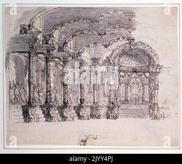 Décor de scène par Berain pour 'Proserpine' un opéra avec musique de Jean-Baptiste Lully, joué pour la première fois à Saint-Germain-en-Laye le 3 février 1680. Jean-Baptiste Lully (1632 - mars 1687) est un compositeur, instrumentaliste et danseur français d'origine italienne qui a passé la majeure partie de sa vie à travailler à la cour de Louis XIV de France. Jean Berain le sage (1640 - 1711) était dessinateur et designer Banque D'Images