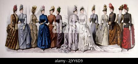 Illustration en couleur intitulée "Panorama de la mode pour la saison printanière de 1887" dans le moniteur de la mode Editions; groupes de dames dans des robes ornées. Banque D'Images