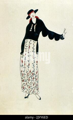 Mode Illustration d'une dame portant un chapeau noir, des manches ornées et une longue jupe avec un motif coquelicot rouge. Banque D'Images