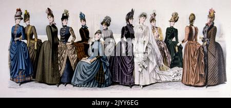 Illustration en couleur intitulée "Panorama de la mode pour la saison d'automne 1886" dans le moniteur de la mode Editions; groupes de dames dans des robes ornées. Banque D'Images