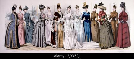 Illustration en couleur intitulée "Panorama de la mode pour la saison d'hiver de 1888" dans le moniteur de la mode Editions; groupes de dames en robes ouvragées. Banque D'Images