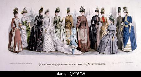 Illustration en couleur intitulée "Panorama de la mode pour la saison printanière de 1888" dans le moniteur de la mode Editions; groupes de dames dans des robes ornées. Banque D'Images