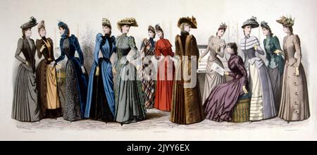 Illustration en couleur intitulée "Panorama de la mode pour la saison du printemps 1889" dans le moniteur de la mode Editions ; groupes de dames dans des robes ornées. Banque D'Images