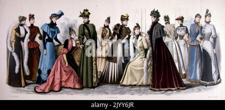 Illustration en couleur intitulée "Panorama de la mode pour la saison d'automne et d'hiver de 1891" dans le moniteur de la mode Editions ; groupes de dames dans des robes ornées. Banque D'Images