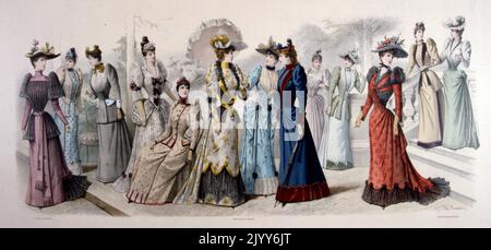 Illustration en couleur intitulée "Panorama de la mode pour le printemps et la saison estivale de 1891" dans le moniteur de la mode Editions ; groupes de dames dans des robes ornementales. Banque D'Images