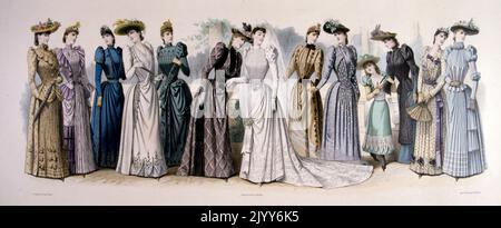 Illustration en couleur intitulée "Panorama de la mode pour le printemps et la saison estivale de 1890" dans le moniteur de la mode Editions ; groupes de dames dans des robes ornementales. Banque D'Images