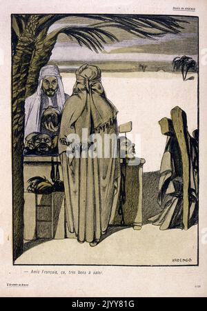 Dans le magazine satirique de l'Assisette au beurre; Edition: Black masses. Illustration colorée : un arabe tenant une tête décapitée. Amis français - c'est très bon à utiliser comme sel. Banque D'Images