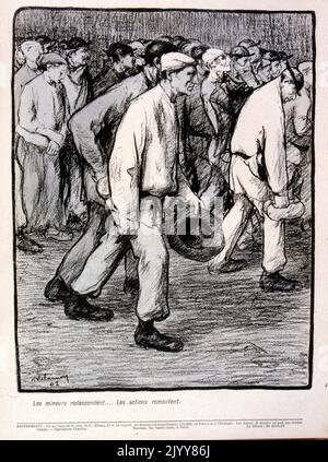 Dans le magazine satirique l'Assisette au beurre, dessin en couleur des travailleurs marchant, dont un avec chapeau à la main Banque D'Images
