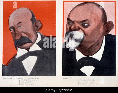 Dans le magazine satirique l'Assise au beurre; portraits de deux hommes. L'un s'appelle Coutant et l'autre s'appelle Bonvalot. Banque D'Images