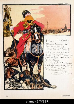 Illustration satirique du magazine l'Assiette au beurre. Texte manuscrit sur une illustration colorée par Ostoya du Tsar Nicholas II à cheval entouré de morts. Banque D'Images