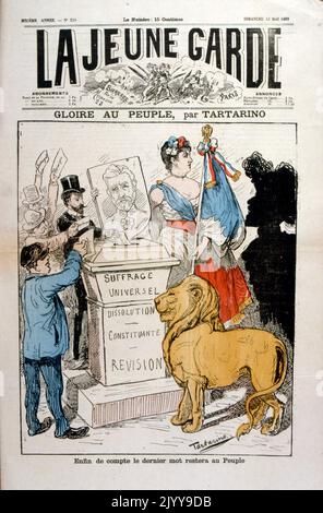 Illustration en couleur de personnes mettant du papier dans une boîte de scrutin. Titre "suffrage universel, dissolution - constituant - révision". La légende se lit comme suit : « à la fin, le mot final appartient aux gens ». Illustrator Tartarine. En date du 13 mai 1888. Banque D'Images