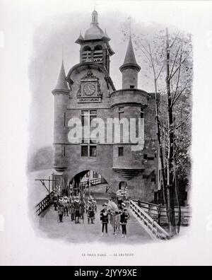 Exposition universelle (Foire mondiale) Paris, 1900; Photographie noir et blanc de la rue a dans l'exposition du Vieux Paris - le Chatelet. Yeomanry dans la rue. Banque D'Images