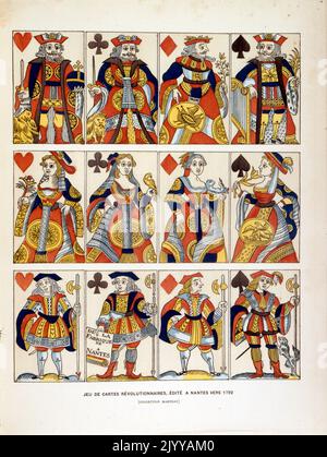 Illustration colorée d'un paquet de cartes à jouer. La légende lit « révolutionnaires, publié Nantes 1792 » Banque D'Images