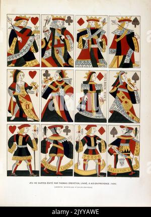 Illustration colorée d'un paquet de cartes à jouer édité par Thomas Dreveston l'aîné à Aix en Provence (1696). Banque D'Images