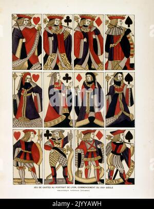 Illustration colorée d'un lot de cartes à jouer avec le portrait de Lyon au début du 17th siècle. Banque D'Images