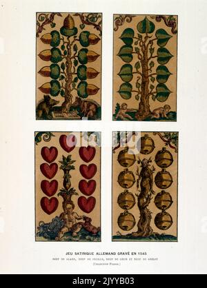 Illustration colorée des cartes à jouer; paquet satirique allemand gravé en 1545 avec neuf coeurs. Banque D'Images