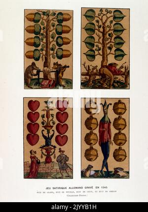 Illustration colorée des cartes à jouer; paquet satirique allemand gravé en 1545 avec huit coeurs. Banque D'Images