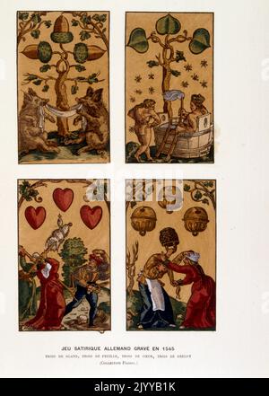 Illustration colorée des cartes à jouer ; paquet satirique allemand gravé en 1545. Banque D'Images