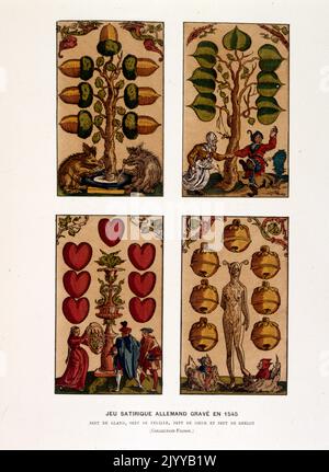 Illustration colorée des cartes à jouer; paquet satirique allemand gravé en 1545 avec sept coeurs. Banque D'Images