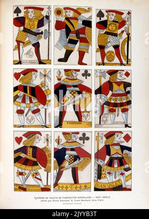 Illustration colorée de cartes à jouer représentant une rangée de jacks. Publié à Bordeaux par Pierre Baulard. Banque D'Images