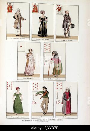 Illustration colorée de cartes à jouer représentant le jeu de point, autrement connu comme le jeu de la femme mariée (1820-1830). Banque D'Images
