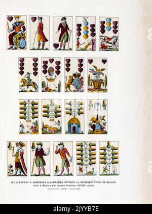 Illustration colorée des cartes à jouer pour les enfants à utiliser pour apprendre l'allemand en utilisant des ballons. Publié à Munich par Joseph Fetscher au 18th siècle. Banque D'Images