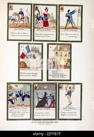 Illustration colorée des cartes à jouer représentant différents types de citoyens en France, intitulée "jeu des barricades" (1832). Banque D'Images