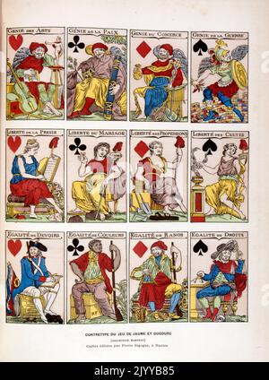 Illustration colorée d'un paquet de cartes à jouer. La légende lit « révolutionnaires, publié Nantes 1792 » Banque D'Images