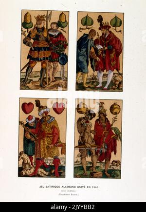 Illustration colorée des cartes à jouer; cartes à jouer satiriques allemandes représentant des Jacks gravés en 1545. Banque D'Images