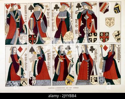 Illustration colorée des cartes à jouer de Lyon du 15th siècle représentant le roi et la reine. Banque D'Images