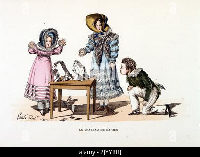 Illustration colorée d'enfants jouant avec une maison de cartes au début du 19th siècle. Banque D'Images