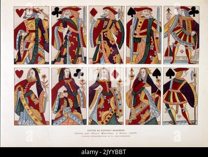 Coloré Illustration des cartes à jouer portraits de rois et reines de Rouen publié par Pierre Marechal 1567. Banque D'Images