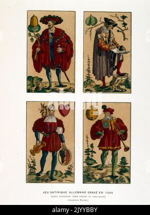 Illustration colorée des cartes à jouer; cartes à jouer satiriques allemandes représentant des Jacks gravés en 1545. Banque D'Images