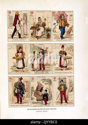 Illustration colorée de cartes à jouer représentant la crise à Paris (1830-1840). Banque D'Images