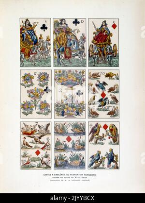 Illustration colorée de cartes à jouer représentant des emblèmes faits à Paris au milieu du 17th siècle. Banque D'Images